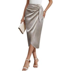 imageBsubseach Women Satin Midi Skirt Tie Knot Front Silk High Waist Ruched Wrap Skirts Cocktail Party Wedding Elegant SkirtChampagne Silver