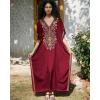 imageBsubseach Kaftan Cover Ups for Swimwear Long Caftan Loungewear Gold Embroidery Swimsuit Cover Up DressWine Red