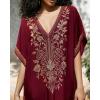 imageBsubseach Kaftan Cover Ups for Swimwear Long Caftan Loungewear Gold Embroidery Swimsuit Cover Up DressWine Red