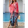 imageBsubseach Kaftan Dresses for Women Sheer Beach Swimsuit Cover Up Batwing Sleeve Plus Size Caftan Cover UpsBlue Pink Flower