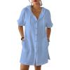 imageBsubseach Cotton Swimsuit Cover Up For Women 2025 Button Down Hooded Shirt Short Sleeve Beach Cover Ups With PocketsSky Blue