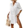 imageBsubseach Women Beach Cover Ups V Neck Button Down Swimsuit Coverup Summer Swim Long Sleeve Cover Up DressWhite