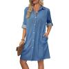imageBsubseach Women Denim Shirt Dress Long Sleeve Button Down Casual Shirt Dresses with PocketsDeep Blue