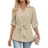 imageBsubseach Women Dressy Casual Blouse Long Sleeve Work Shirts Wrap Belted V Neck Business TopsLight Khaki
