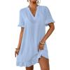 imageBsubseach Womens Swimsuit Cover Up Shirt Ruffle Short Sleeve Bathing Suit Coverups V Neck Flowy Ruffled Beach Bikini DressSky Blue