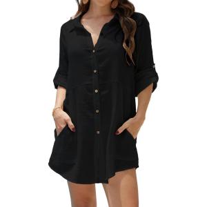 imageBsubseach Bathing Suit Cover Up for Women Cotton Swim Coverup Long Sleeve Shirt Dress BeachwearBlack