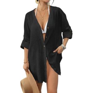 imageBsubseach Button Down Swimsuit Coverup for Women Long Sleeve Bathing Suit Cover Up Oversized Shirt Womens Blouse Summer TopBlack