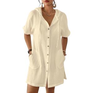 imageBsubseach Cotton Swimsuit Cover Up For Women 2025 Button Down Hooded Shirt Short Sleeve Beach Cover Ups With PocketsApricot