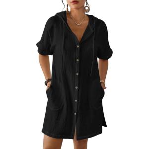 imageBsubseach Cotton Swimsuit Cover Up For Women 2025 Button Down Hooded Shirt Short Sleeve Beach Cover Ups With PocketsBlack