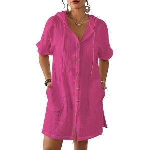 imageBsubseach Cotton Swimsuit Cover Up For Women 2025 Button Down Hooded Shirt Short Sleeve Beach Cover Ups With PocketsRose Red