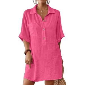 imageBsubseach Cover Ups for Swimwear Women Short Sleeve Beach Swimsuit Coverup Loose Shirt Dress 2025 Vacation OutfitsPink