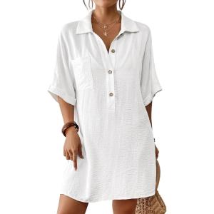 imageBsubseach Cover Ups for Swimwear Women Short Sleeve Beach Swimsuit Coverup Loose Shirt Dress 2025 Vacation OutfitsWhite