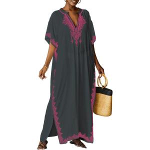 imageBsubseach Kaftan Cover Ups for Swimwear Long Caftan Loungewear Gold Embroidery Swimsuit Cover Up DressGray