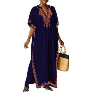 imageBsubseach Kaftan Cover Ups for Swimwear Long Caftan Loungewear Gold Embroidery Swimsuit Cover Up DressGreen
