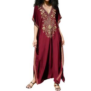 imageBsubseach Kaftan Cover Ups for Swimwear Long Caftan Loungewear Gold Embroidery Swimsuit Cover Up DressWine Red