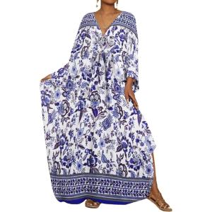 imageBsubseach Kaftan Dresses for Women Floral Printed Plus Size Beach Cover Up Maxi Batwing Sleeves MooMoo Caftan DressBlue Print