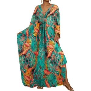 imageBsubseach Kaftan Dresses for Women Floral Printed Plus Size Beach Cover Up Maxi Batwing Sleeves MooMoo Caftan DressTropical Leaf