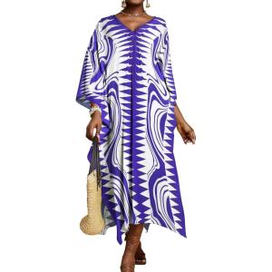 imageBsubseach Kaftan Dresses for Women Geometric Print Caftan Long Beach Swimsuit Cover Up Loungewear DressBlue