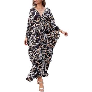 imageBsubseach Kaftan Dresses for Women Plus Size Caftan Dress Print Caftan Beach Cover Up 70s DressBlack Brown