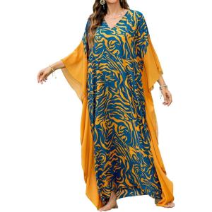 imageBsubseach Kaftan Dresses for Women Plus Size Swimsuit Cover Ups Stripe Print Maxi Beach Caftan Moo Moos DressBlue Yellow