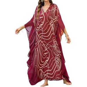 imageBsubseach Kaftan Dresses for Women Plus Size Swimsuit Cover Ups Stripe Print Maxi Beach Caftan Moo Moos DressWine Red