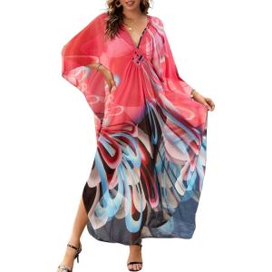 imageBsubseach Kaftan Dresses for Women Sheer Beach Swimsuit Cover Up Batwing Sleeve Plus Size Caftan Cover UpsBlue Pink Flower