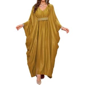 imageBsubseach Kaftan Dresses for Women Solid Color V Neck Batwing Sleeve Caftan Dress Satin Maxi Plus Size Beach Cover Ups Yellow