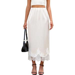 imageBsubseach Satin Maxi Skirts for Women Casual Elegant 2025 Fall A Line High Waist Elastic Silk Midi Skirt with LaceBeige