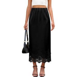 imageBsubseach Satin Maxi Skirts for Women Casual Elegant 2025 Fall A Line High Waist Elastic Silk Midi Skirt with LaceBlack
