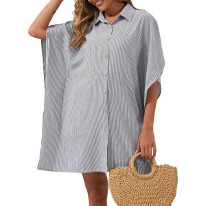 imageBsubseach Swimsuit Cover Up Shirt 34 Sleeve Beach Coverup Oversized Button Down Shirts Bikini Bathing SuitBlack Stripe