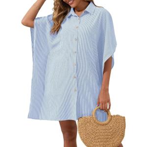 imageBsubseach Swimsuit Cover Up Shirt 34 Sleeve Beach Coverup Oversized Button Down Shirts Bikini Bathing SuitBlue Stripe