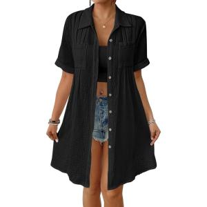 imageBsubseach Swimsuit Cover Up for Women Short Sleeve Button Down Blouse Bathing Suit Cover Ups Cotton Beach Shirt DressBlack