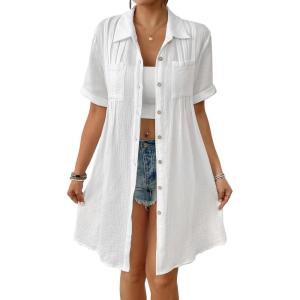 imageBsubseach Swimsuit Cover Up for Women Short Sleeve Button Down Blouse Bathing Suit Cover Ups Cotton Beach Shirt DressWhite