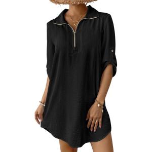 imageBsubseach Swimsuit Coverup for Women 34 Sleeve Bathing Suit Cover Up Polo Shirt Beach Dress Vacation OutfitsBlack