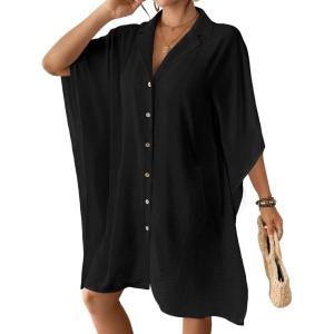 imageBsubseach Swimsuit Coverup for Women Lapel Collar Bathing Suit Cover Up for Swimwear Button Down Beach Shirt DressesBlack