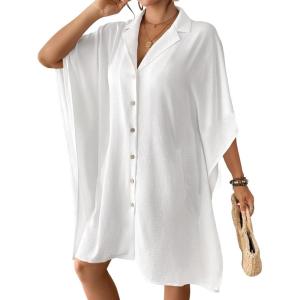 imageBsubseach Swimsuit Coverup for Women Lapel Collar Bathing Suit Cover Up for Swimwear Button Down Beach Shirt DressesWhite