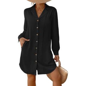 imageBsubseach Swimsuit Coverup for Women Long Sleeve Bathing Suit Cover Up Blouse Button Down Shirt Dress Beach Vacation ClothesBlack