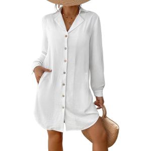 imageBsubseach Swimsuit Coverup for Women Long Sleeve Bathing Suit Cover Up Blouse Button Down Shirt Dress Beach Vacation ClothesWhite