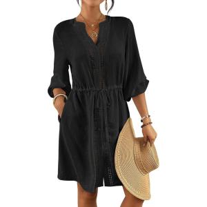 imageBsubseach Swimsuit Coverup for Women V Neck Bathing Suit Cover Up with Pocket Drawstring Button Down Beach Shirt DressesBlack