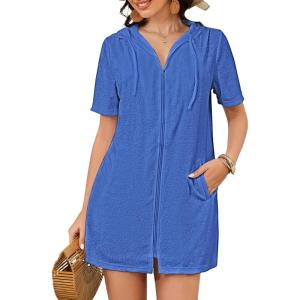 imageBsubseach Terry Cloth Cover Up  Women 2025 Zipper Swimsuit Coverup Hooded Swim Robes Beach Coverups with PocketsBlue