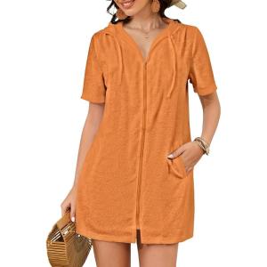 imageBsubseach Terry Cloth Cover Up  Women 2025 Zipper Swimsuit Coverup Hooded Swim Robes Beach Coverups with PocketsOrange