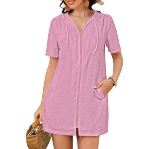 imageBsubseach Terry Cloth Cover Up  Women 2025 Zipper Swimsuit Coverup Hooded Swim Robes Beach Coverups with PocketsPink