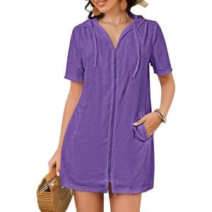 imageBsubseach Terry Cloth Cover Up  Women 2025 Zipper Swimsuit Coverup Hooded Swim Robes Beach Coverups with PocketsPurple