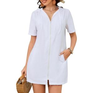 imageBsubseach Terry Cloth Cover Up  Women 2025 Zipper Swimsuit Coverup Hooded Swim Robes Beach Coverups with PocketsWhite