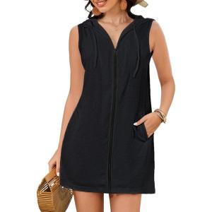 imageBsubseach Terry Cloth Cover Up  Women Hooded Swimsuit Coverup Zipper Beach Coverups Sleeveless Swim Robes with PocketsBlack