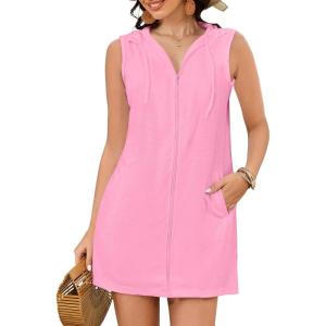 imageBsubseach Terry Cloth Cover Up  Women Hooded Swimsuit Coverup Zipper Beach Coverups Sleeveless Swim Robes with PocketsPink