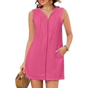 imageBsubseach Terry Cloth Cover Up  Women Hooded Swimsuit Coverup Zipper Beach Coverups Sleeveless Swim Robes with PocketsRose Pink