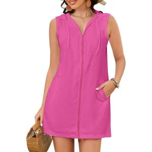 imageBsubseach Terry Cloth Cover Up  Women Hooded Swimsuit Coverup Zipper Beach Coverups Sleeveless Swim Robes with PocketsRose Red