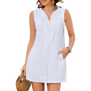 imageBsubseach Terry Cloth Cover Up  Women Hooded Swimsuit Coverup Zipper Beach Coverups Sleeveless Swim Robes with PocketsWhite