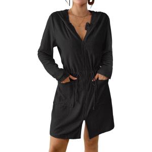 imageBsubseach Terry Cloth Cover Up  Women Zip Up Long Sleeve Swimsuit Coverup Hooded Bath Robes with PocketsBlack